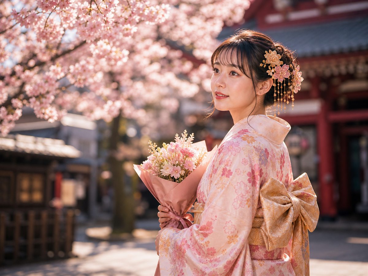 A guest in kimono holding a bouquet among cherry blossoms in Asakusa