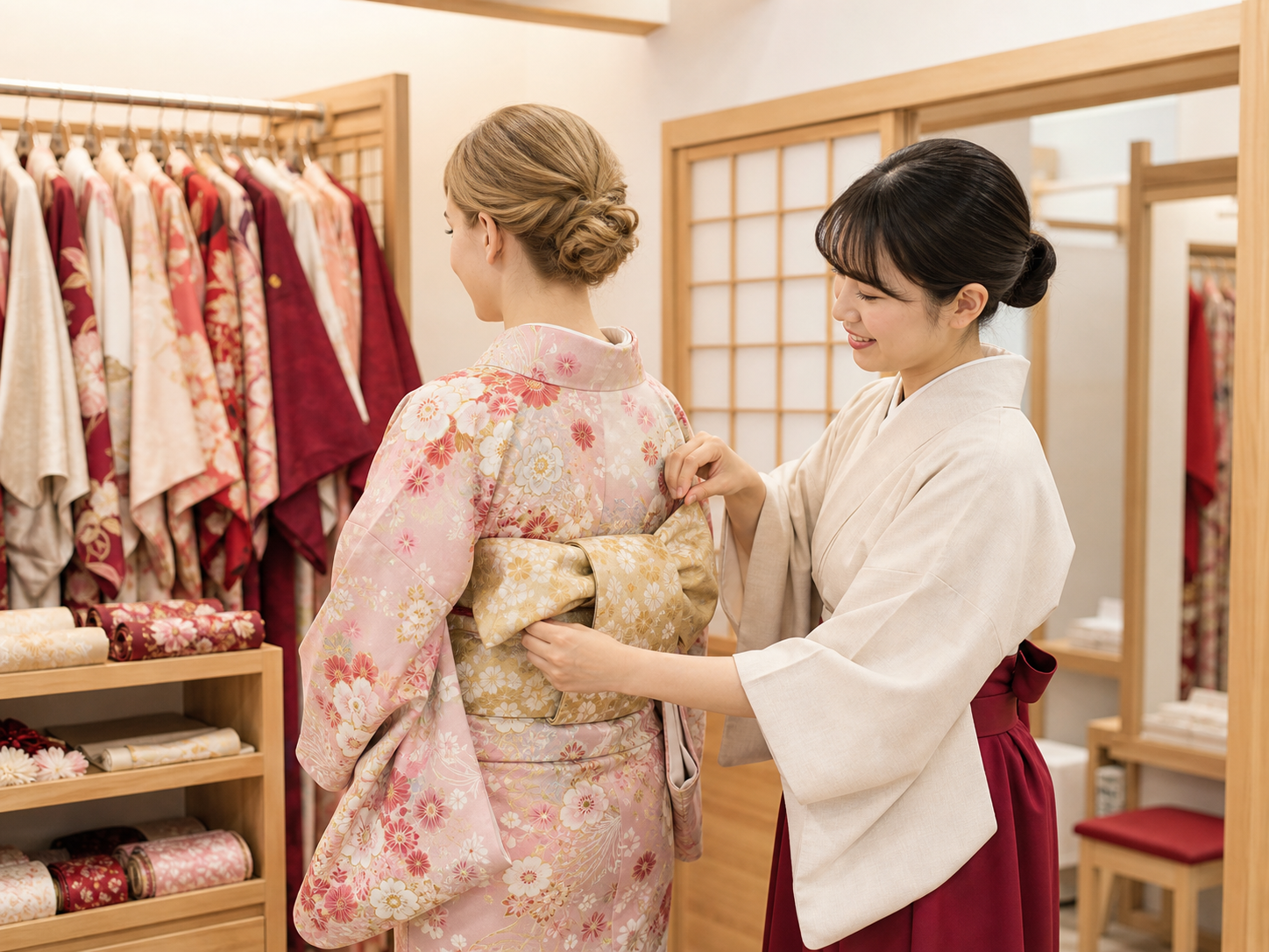 A staff member dressing a guest in a kimono