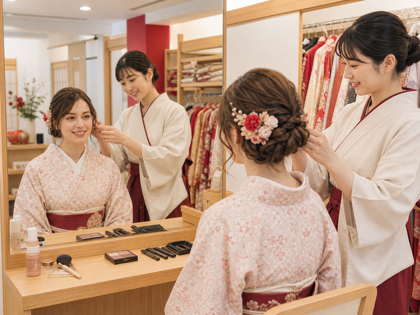 Finishing a hairstyle to match the kimono