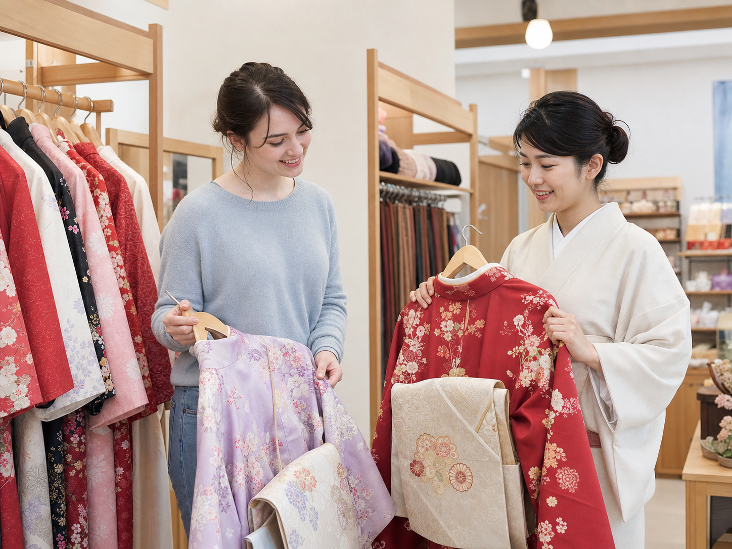 Choosing a kimono with help from a staff member