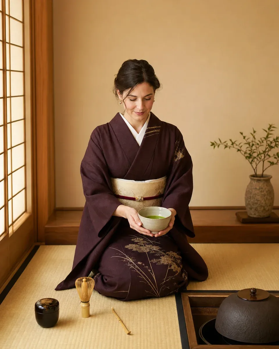 A visitor in kimono holding a tea bowl during a tea ceremony