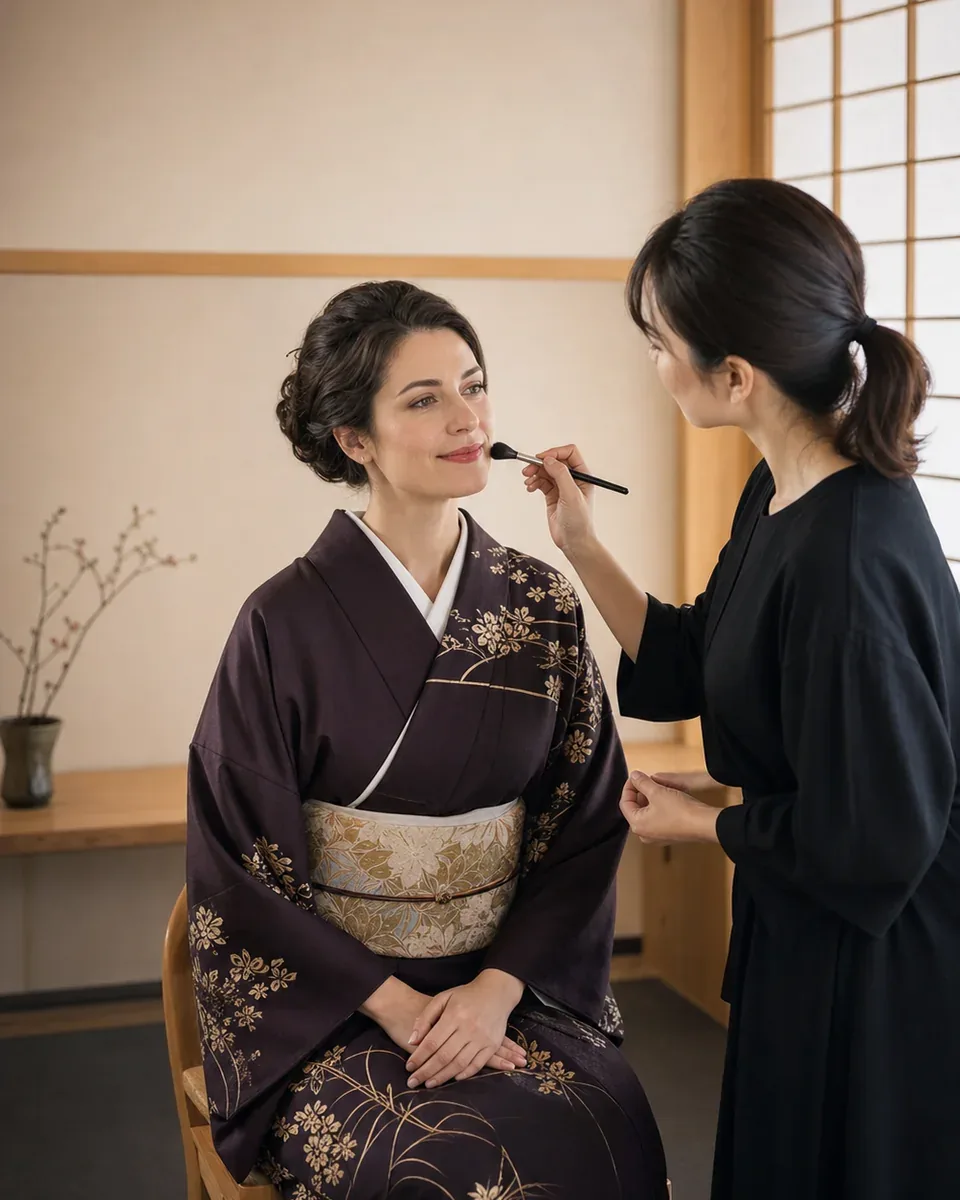 A visitor in kimono having natural Japanese-style makeup finished by a professional