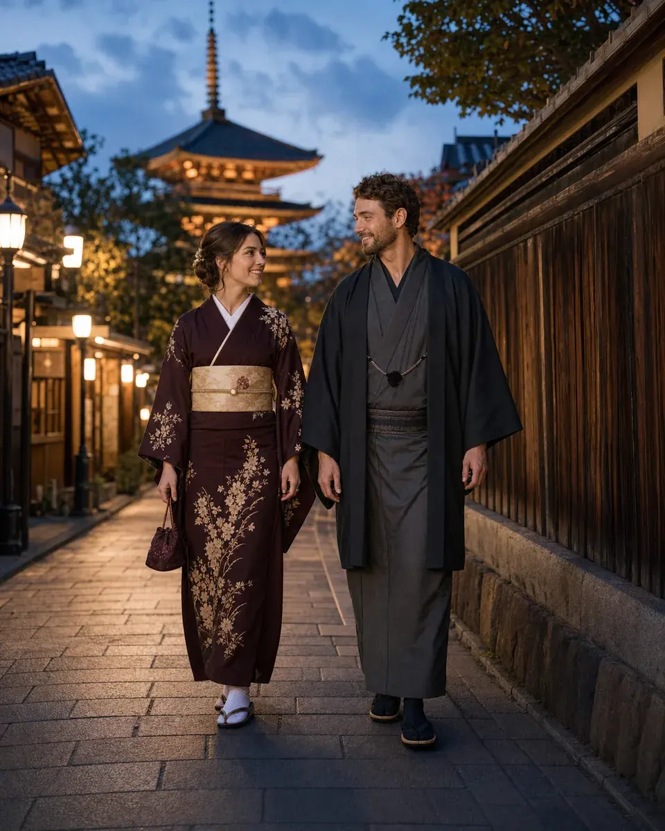 A couple exploring Asakusa in kimono at dusk