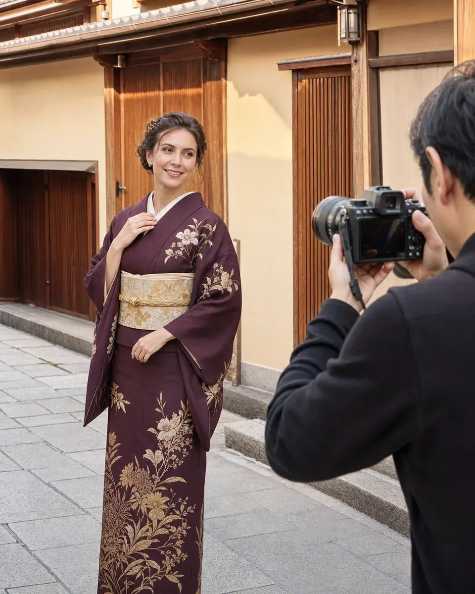A professional photographer taking a kimono portrait on a traditional street in Asakusa